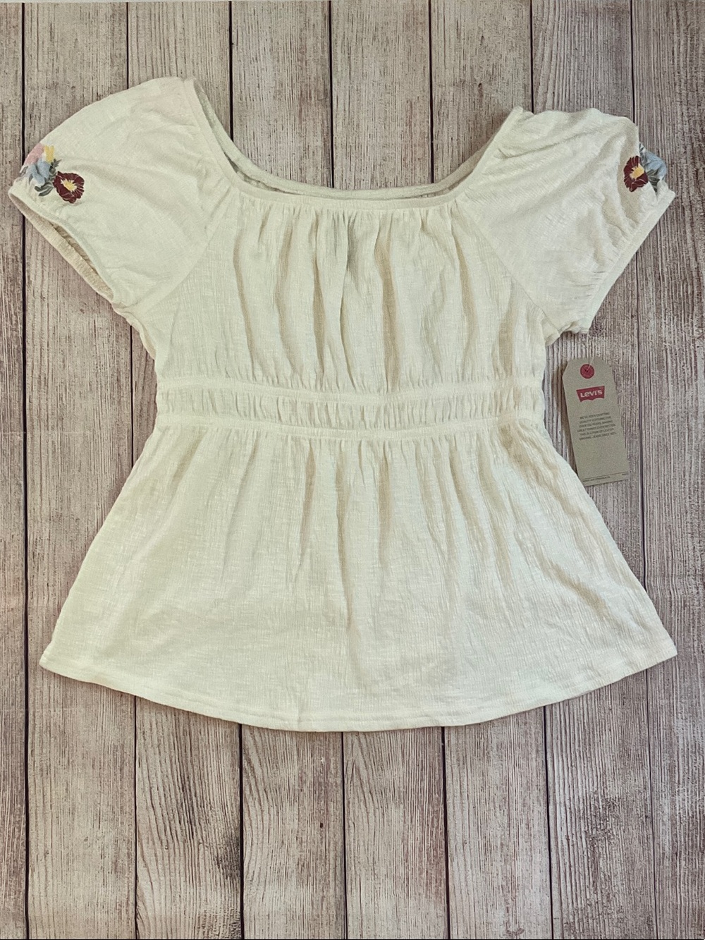 Levi's Girl’s Teen Cream Short Sleeve Peasant Boho Top with Floral Accent